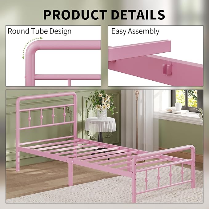 12 Inch Twin Bed Frames with Headboard and Footboard, Heavy Duty Twin Metal Mattress Foundation No Box Spring Needed, Noise Free, Easy Assembly, Pink