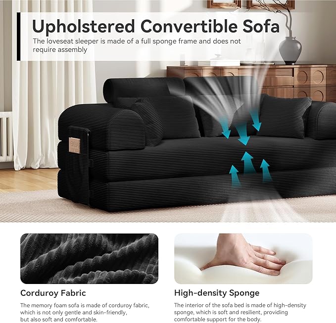 Upgrade High Backrest Design Sofa Bed with Fixed-Shape Frame & Removable Armrests and Backrest, Corduroy Fabric, Convertible Mattress Couch for Small Spaces - No Assembly Needed (High Backrest Black)