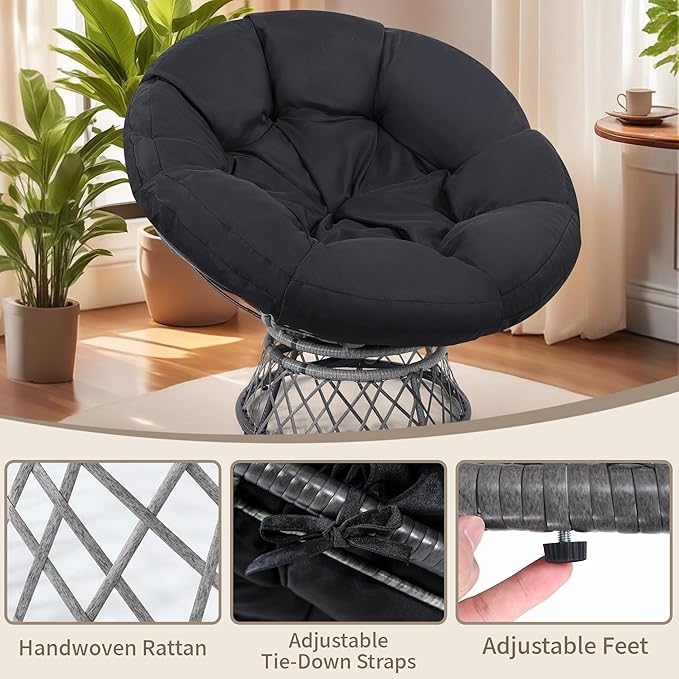 46" Giant Oversized Rattan Papasan Chair with Cushion and Frame for Adults, Fluid 360° Swivel, Waterproof, Grey Frame with Black Cushion