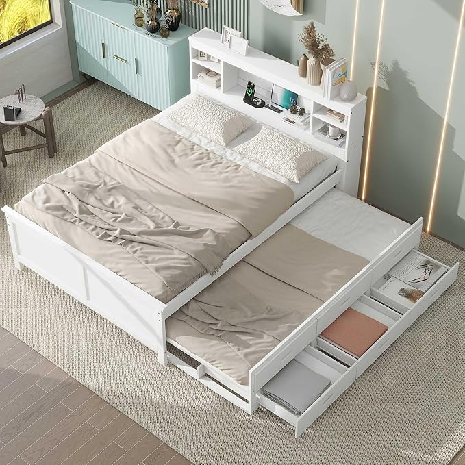 Platform Bed with Storage Headboard, USB, Twin Size Trundle and 3 Drawers, Full Size, White Color