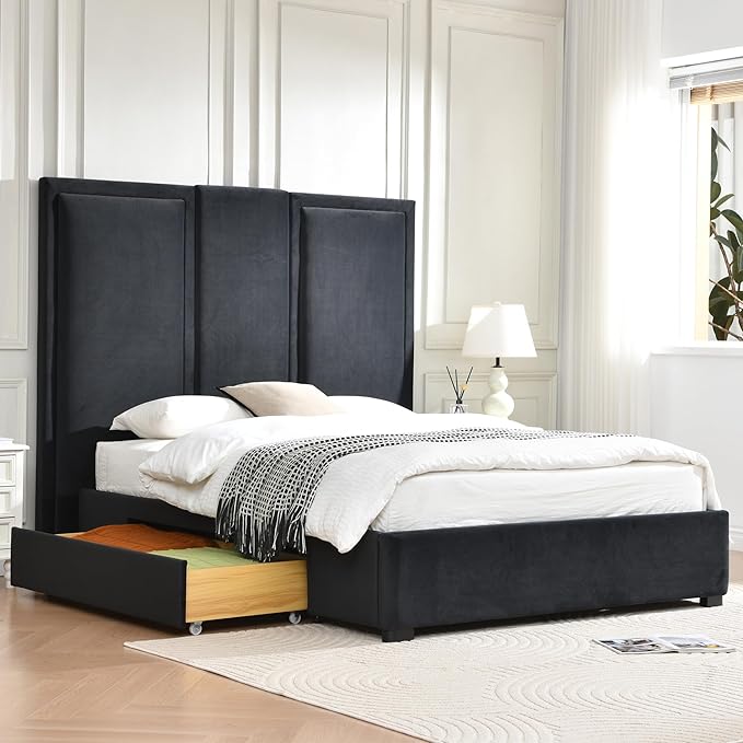 YUHUASHI Queen Size Bed Frame with 64-inch High Headboard, Simple and Airy Linen Upholstered Platform Bed with Storage Drawers, Wood Slat, No Noise (Ink Blue, Queen)