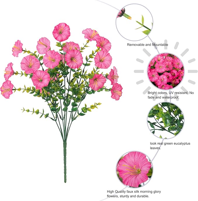 Artificial Flowers Fake Plants for Outdoors Decoration, 12 Bundles Pink Silk Morning Glory with Eucalyptus Realistic UV Resistant Faux Flowers Greenery for Outside Planter Yard Garden Home Indoor Urn