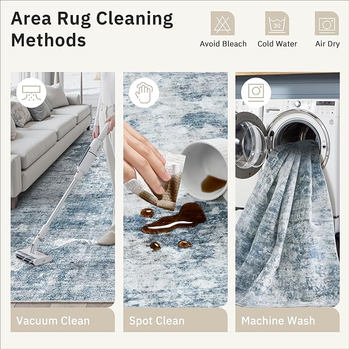 3x5 Rug, Small Area for Kitchen, Entryway, Machine Washable Non-Slip Throw Rug, Vintage Carpet for Nursery Coffee Table Blue