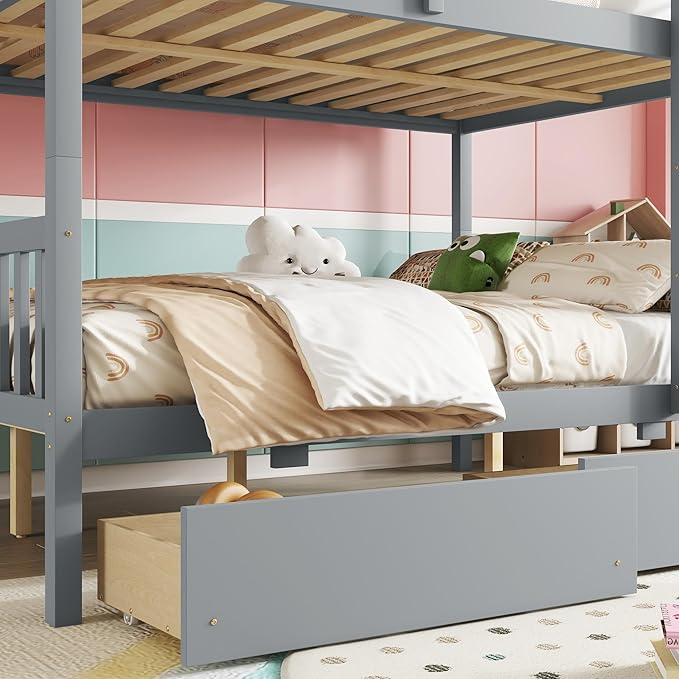 Full Over Full Bunk Bed with Storage Drawers,Convertible Bunk Beds with Ladder & Safety Guardrails,Full Size Bunk Beds for Kids Girls Boys,Grey