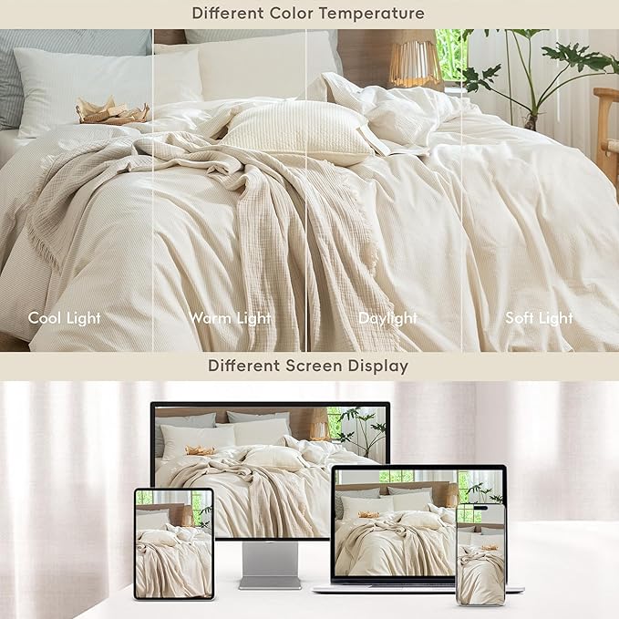 MooMee Striped Duvet Cover Set 100% Washed Cotton Linen Like Textured Breathable Durable Soft Comfy (Almond Milk Grey Pinstripes, Cal King 104"x98")