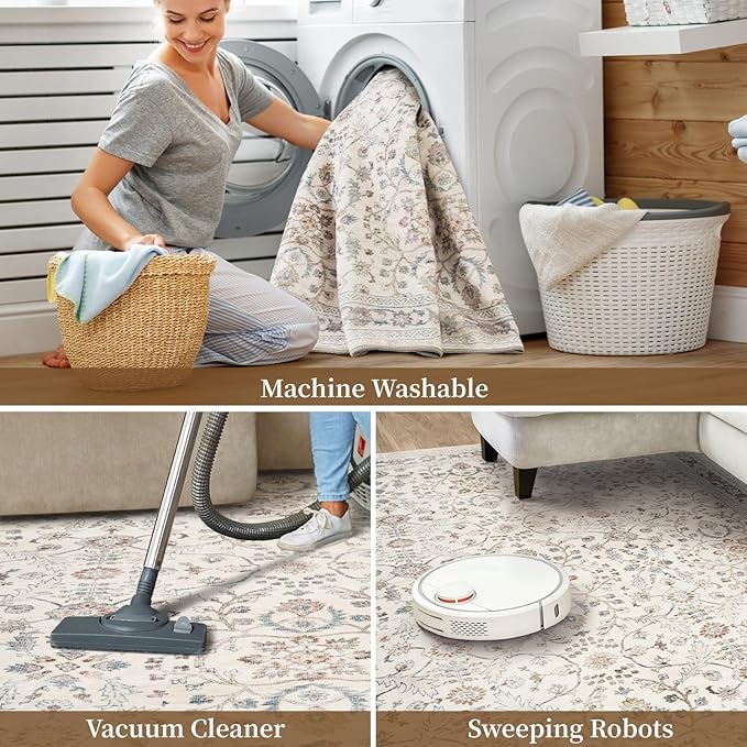 MontVoo-Vintage 2x10 Runner Rug-Soft Beige Washable Runners for Hallways-Non Slip Bedside Rugs for Bedroom-Machine Washable Long Rug for Hallways Entryway Laundry Room Stair Kitchen Bathroom