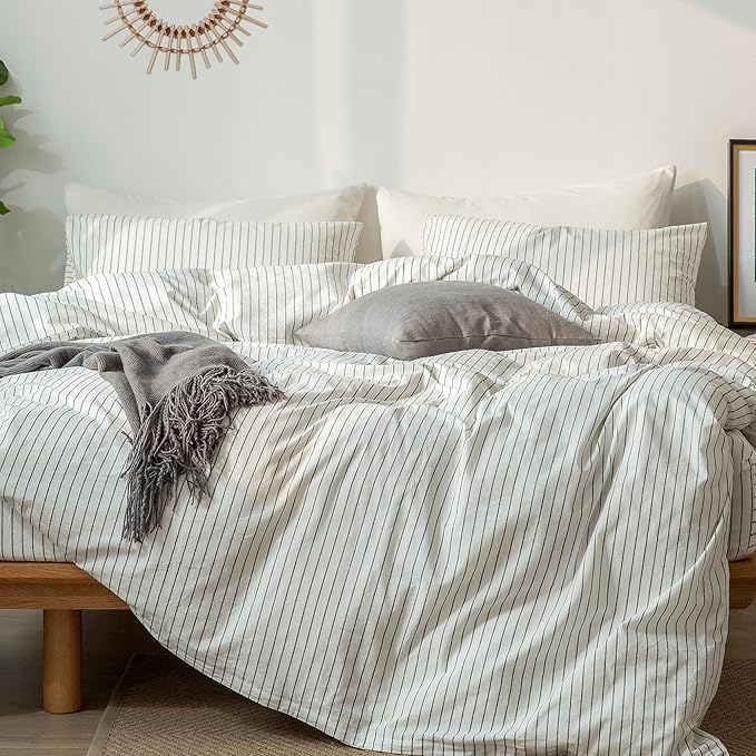 MooMee Striped Duvet Cover Set 100% Washed Cotton Linen Like Textured Breathable Durable Soft Comfy (White Dark Grey Wide Stripes, Oversized Full 82"x86")