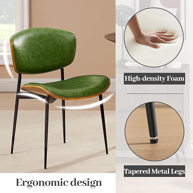 Art Leon Faux Leather Dining Chairs - Set of 2 Mid Century Modern Desk Chair No Wheels, Armless Accent Chair with Black Metal Legs, Green/Walnut