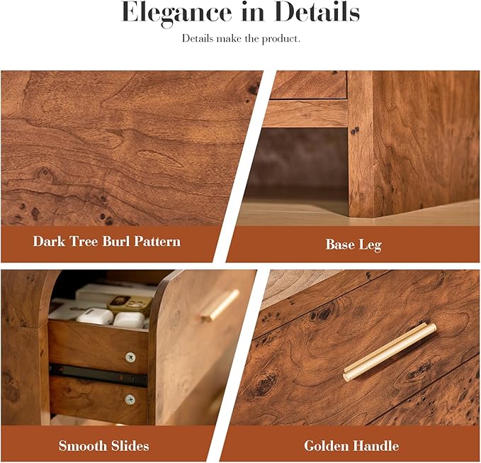 Farmhouse Nightstand Set of 2, 23.5" Curved Modern Night Stand with 3-Drawer, Bedside Table, End Table for Bedroom, Storage Cabinet for Living Room Home Office Entryway, Dark Burl