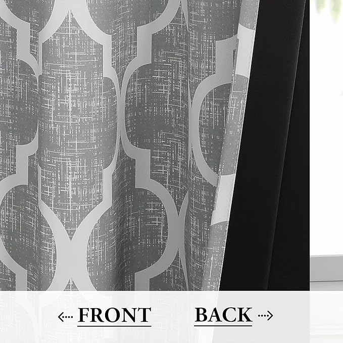 Beauoop 100% Blackout Curtains 54 Inches Long 2 Panels for Bedroom Living Room Grey Moroccan Geo Room Darkening Thermal Insulated Soundproof Grommet Top Window Treatments Drapes, 50x54 Set of 2