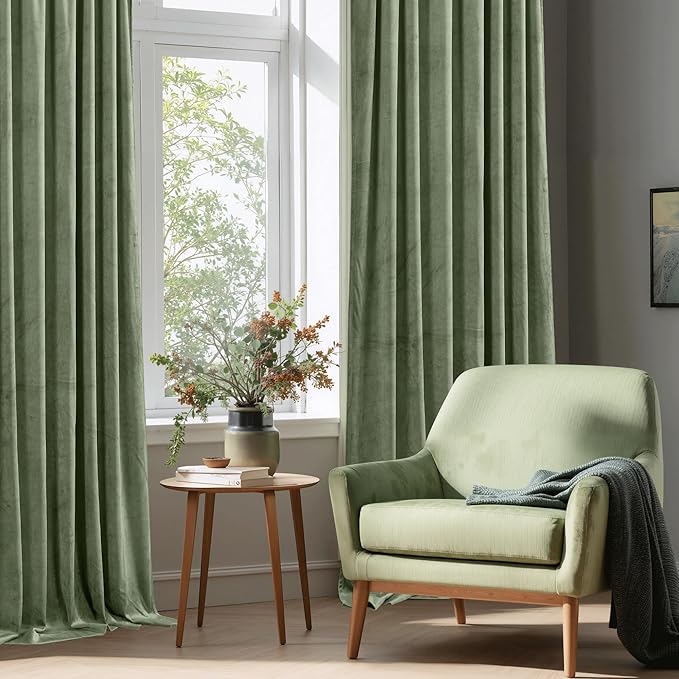 StangH Sage Green Velvet Curtains 90 inches Long, Living Room Thermal Insulated Sliding Door Curtains Elegant Home Decor for Nursery Bedroom Office, W52 x L90, 2 Panels