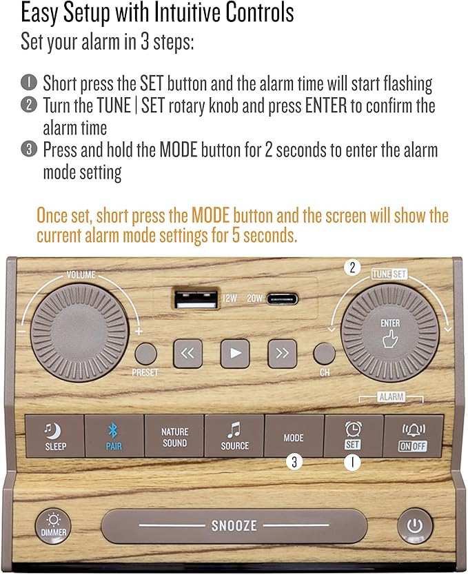 Soundfreaq Sound Rise II, SFQ-16: Bedside Alarm Clock Radio & Bluetooth Speaker, with Large Display Screen, FM Radio, Fast USB Charging, and Nature Sound (Wood Taupe)