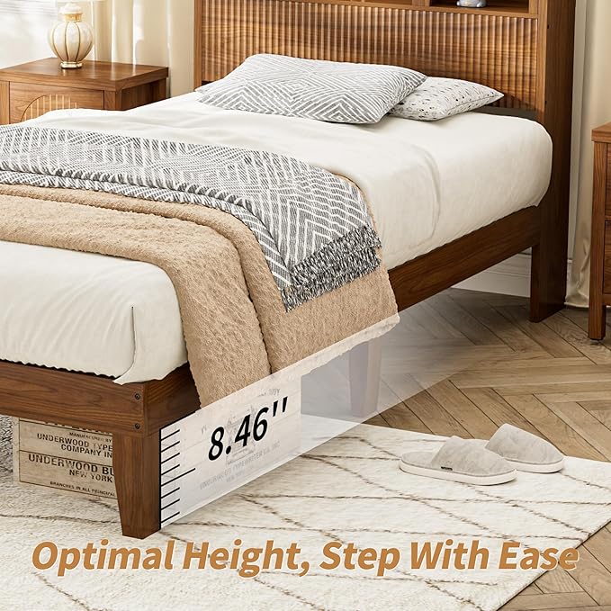 Twin Bed Frame with Wave Headboard, Wooden Headboard with 3 Arched Storage Compartments, Platform Bed with Wood and Metal Slats, No Box Spring Needed, No Noise (Twin-Walnut)
