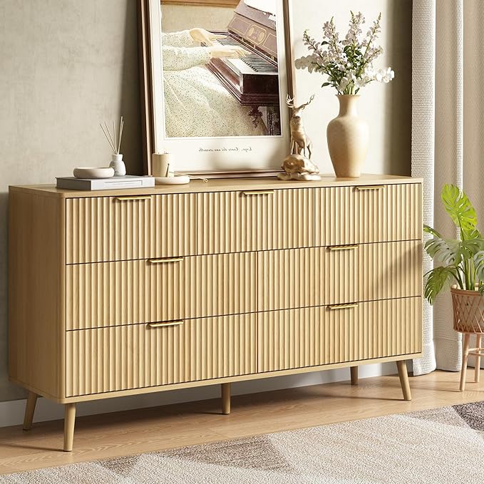CARPETNAL Fluted 7 Drawer Dresser for Bedroom, 55" Wide Wooden Chest of Drawers with Rounded Corners, Gold Handles, Modern Storage Organizer for Bedroom, Hallway(Oak)