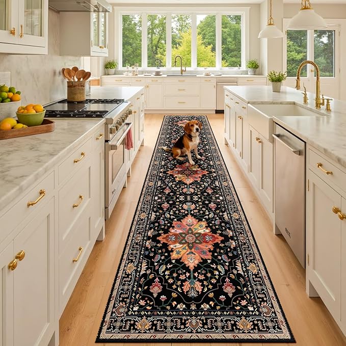 Area Rugs 3'x10' Washable Non-Slip, Floral Vintage Distress Print Pattern Medallion Carpet for Living Room Bedroom Dining Room, Black Colorful Floral Dark Tan