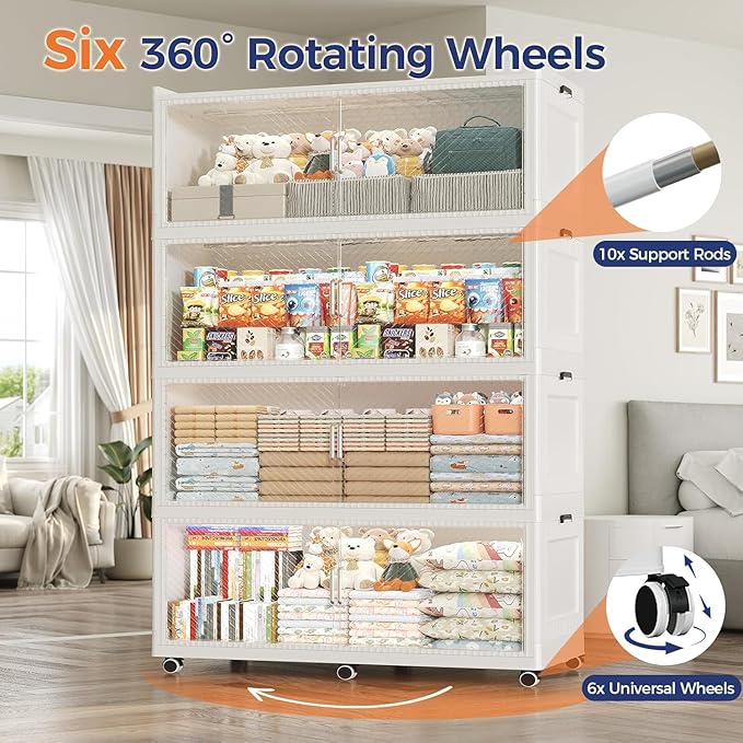 240GAL Extra Large Storage Bins with Lid, 960QT Collapsible Organizer with Wheels, Stackable Closet Cabinet with Doors, Folding Storage Containers for Home, Office, Kitchen, 3Pack White
