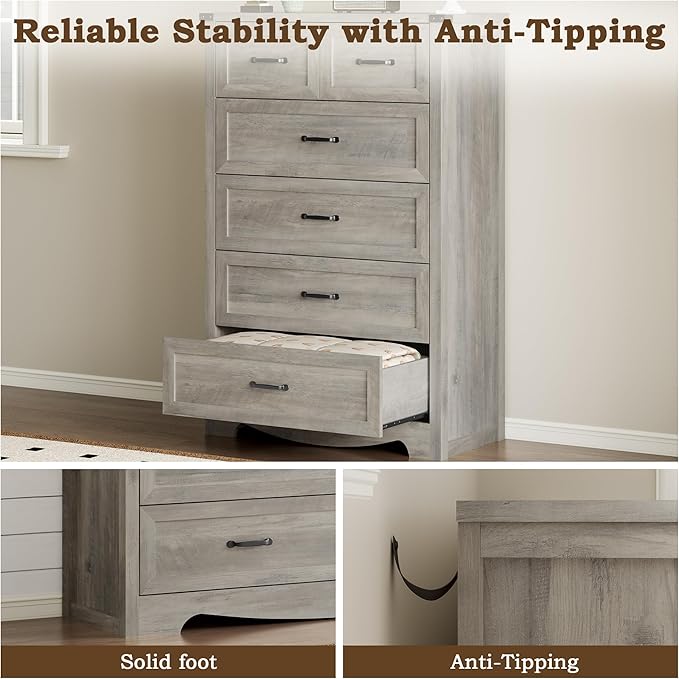 Tall 6-Drawer Dresser for Bedroom, Modern Wooden Chest of Drawers with Metal Handles, Anti-Tipping Design, Sturdy and Stable Storage Organizer for Living Room, Entryway, Home Office, Standard