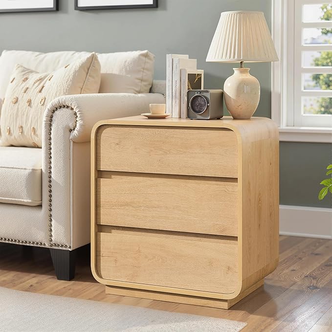 Farmhouse Nightstand, 25" Tall Wood Bedside Table with Charging Station, 3 Storage Drawers Side Table, Large End Table Night Stand for Bedroom, Office, Sofa, Curved Profile, Natural