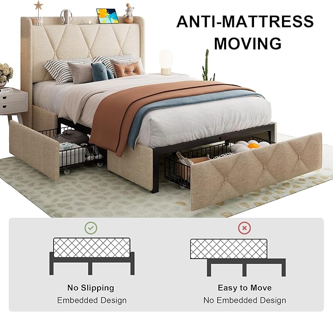 Feonase Twin Bed Frame with 3 Storage Drawers, Upholstered Platform Bed with Fast Charging Station, Wingback Storage Headboard, Wooden Slats Support, No Box Spring Needed, Easy-Assembly, Beige