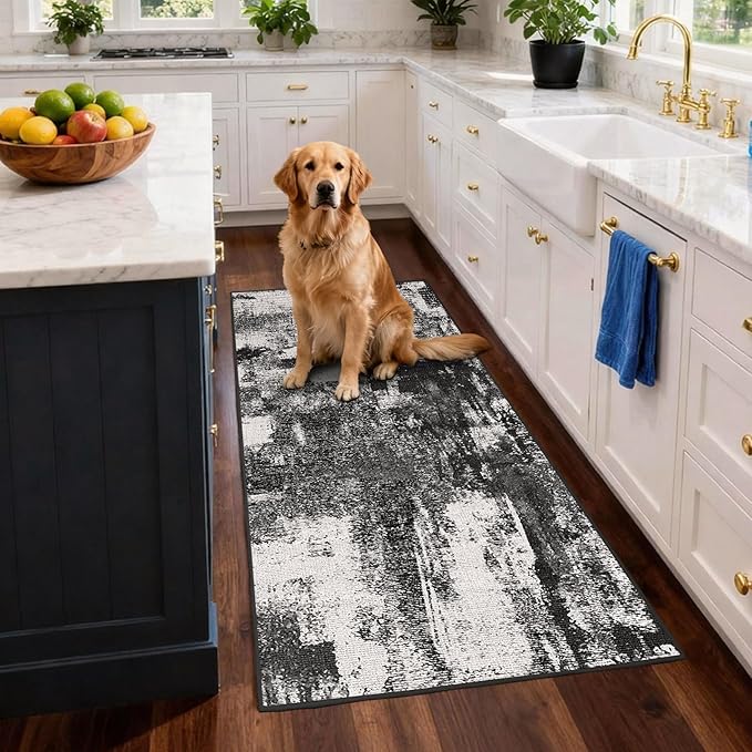 3x6 Kitchen Hallway Runner Rug: Long Washable Rug Runner Non-Slip Indoor Abstract Rugs - Low Pile Soft Floor Runners for Bedroom Living Room Dining Entryway Bathroom Laundry Black White 3x6