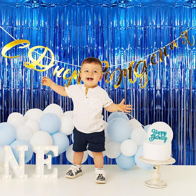 GOER 3.2 ft x 9.8 ft Metallic Tinsel Foil Fringe Curtains Party Photo Backdrop Party Streamers for Birthday,Graduation,New Year Eve Decorations Wedding Decor (1 Pack,Matte Blue,Thick Material)