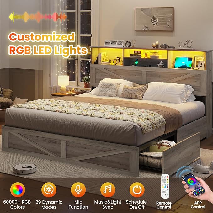 VIAGDO Farmhouse Bed Frame King Size with Bookcase Storage Headboard, Charging Station and LED Lights, Wooden King Bed Frame with 4 Drawers, Barn Door Design, No Box Spring Needed, No Noise, Grey