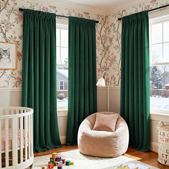 Lazzzy Velvet Blackout Curtains Thermal Insulated Room Window Drapes Super Soft Luxury Curtains for Living Room Bedroom Rod Pocket 2 Panels, Emerald Green, 52" W x 102" L