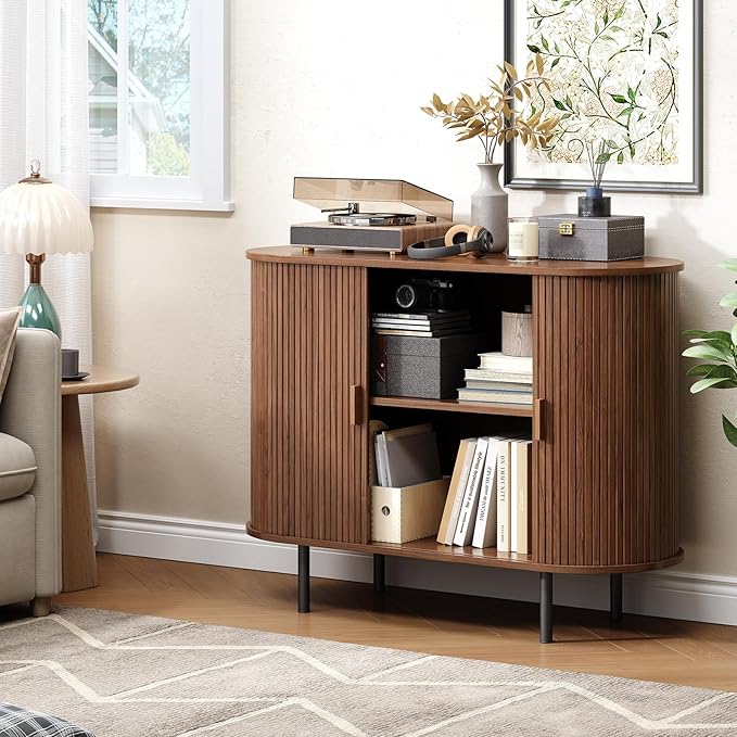Buffet Cabinet with Storage, Fluted Sideboard Buffet with Sliding Door, Coffee Bar Cabinet with Adjustable Shelf, Console Table, Accent Table for Entryway, Kitchen (Walnut, 40 Inch)