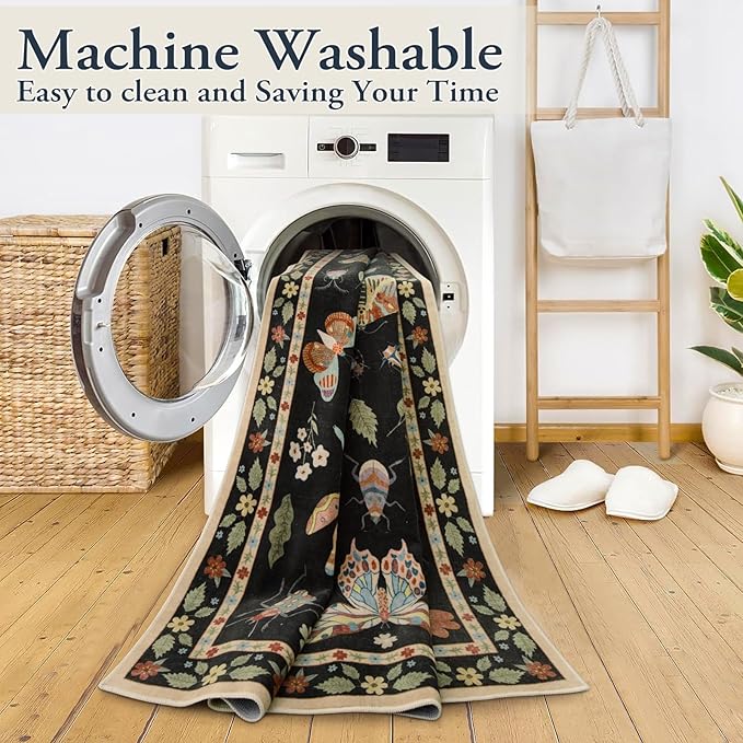 Lahome Insect Area Rugs 8x10, Non Slip Washable Rugs for Living Room 8x10 Rug, Soft Modern Bedroom Rug Under Bed Ultra-Thin Large Carpet for Dining Room Office Playroom, Black