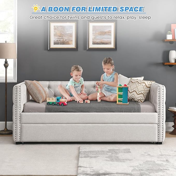 Antetek Daybed with Trundle, Upgraded Linen Upholstered Twin Size Day Bed Button-Tufted Sofa Daybed Frame with A Trundle,No Box Spring Needed,Furniture for Bedroom Living Room Guest Room (Beige, Twin)