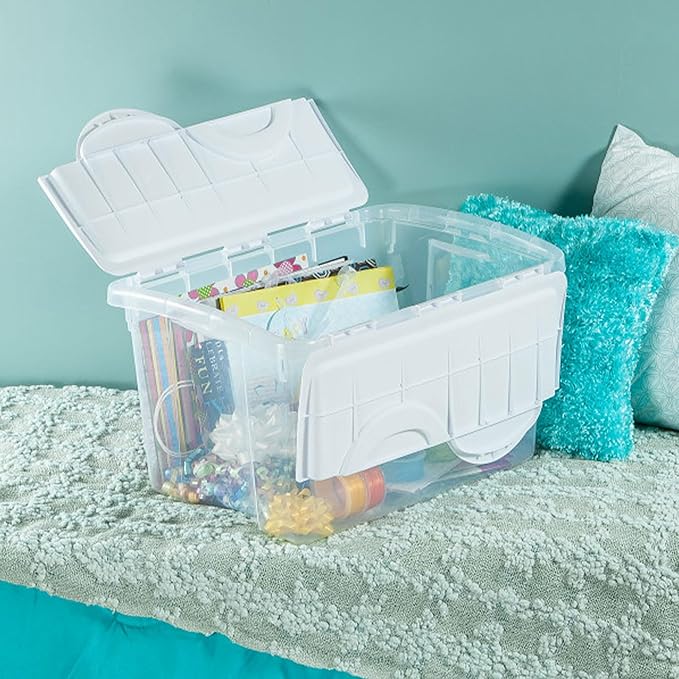 Sterilite 48 Qt Hinged Lid Storage Box, Stackable Bin with Lid, Plastic Container to Organize Home, Office, Basement, Clear with White Lid, 18-Pack