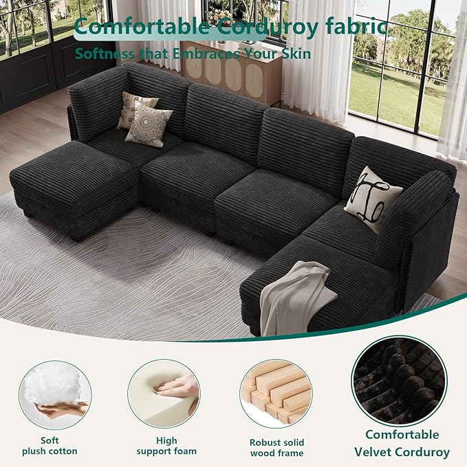 Modular Sectional Sofa with Adjustable Backrest, Convertible L/U-Shaped Sleeper Couch for Living Room, Cloud Sofa Bed Modern Reversible Design, Black