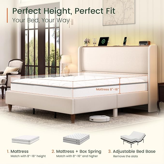 LARMACE Queen Size Bed Frame with LED Lights and Charging Station Linen Upholstered Platform Bed Frame with 51.2" Tall Headboard Wingback and Storage Shelf, No Box Spring Needed, Noise Free, Beige