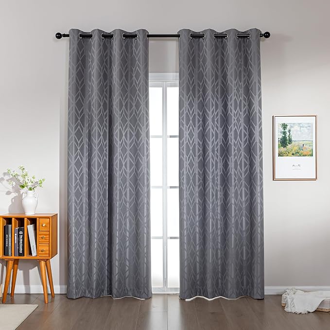 Amazon Basics Jacquard 2-Piece 100% Blackout Curtains, Living Room and Bedroom Drapes, Thermal Insulated Window Treatment, 42"x95", Grey