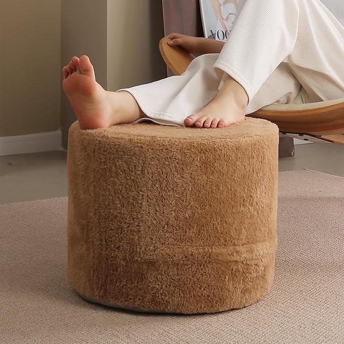 Tiita Pouf Ottoman and Foot Rest, Round Foam Stuffed Floor Pouf with Storag for Living Room, Brown