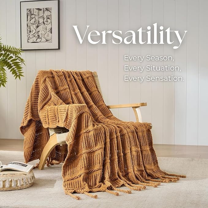 Boho Knitted Chenille Blanket with Tassels - Lightweight & Soft All-Season Throw - 3D Classic Pattern for Living Room Bedroom Couch, Amber Brown, Queen 90"x90"
