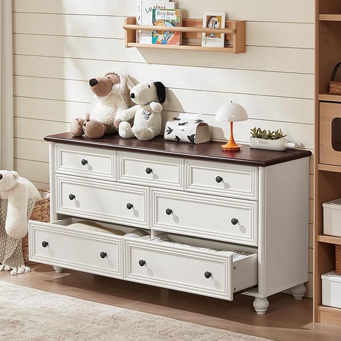 Farmhouse Dressers & Night Stand Set of 4, Wood 54" Wide 7 Drawer Dresser & 45" Tall Chest of Drawers, 18" Roman Column Nightstand Set of 2, Bedroom Furniture Dresser Sets for Home Living Room Hallway