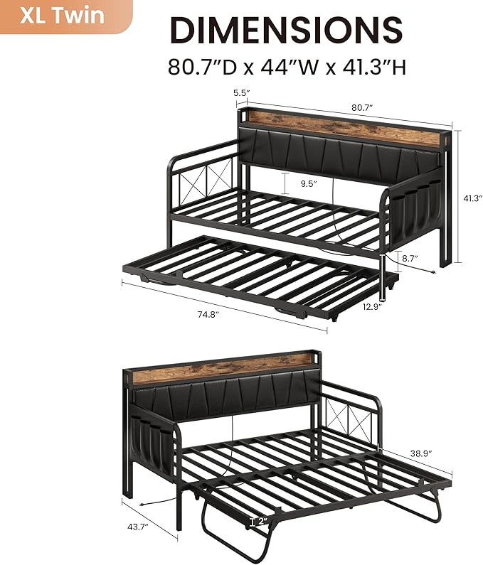 LIKIMIO Daybed with Trundle Bed, Twin XL Bed Frame with Storage Headboard and Charging Station, Sofa Day Bed with Strong Supports for Living Room, Bedroom, and Guest Room, Black