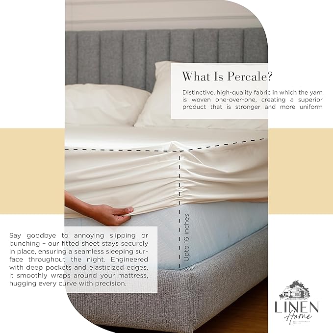 Linen Home 100% Cotton Percale Sheet Set Pack of 2, Queen Size, Ivory, Deep Pocket, 8 Pieces Set - 2 Flat, 2 Deep Pocket Fitted Sheet and 4 Pillowcases, Crisp Cool and Strong Bed Linen