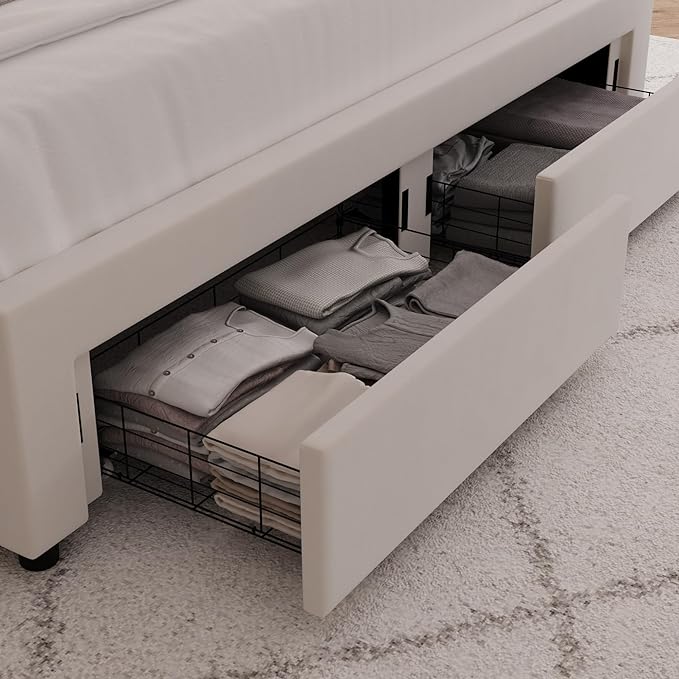 HITHOS King Upholstered LED Bed Frame with 2 Storage Drawers, Velvet Platform Bed with Wingback Headboard, Solid Wooden Slats Support, No Box Spring Needed, Headboard Splicing Design, Beige