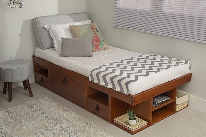 memomad Bali Storage Platform Bed with Drawers (Twin Size, Caramel Brown Wood)