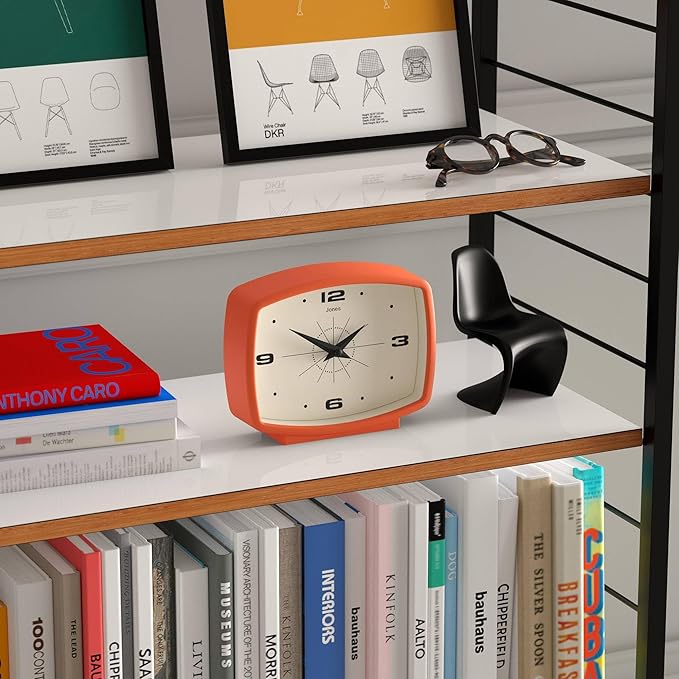 JONES CLOCKS® Film Desk Clock | Retro Rectangular Design | Orange | Retro Design, Blending mid Century Style with a Punchy Modern Finish for Shelf, Table, Mantel or Bedside