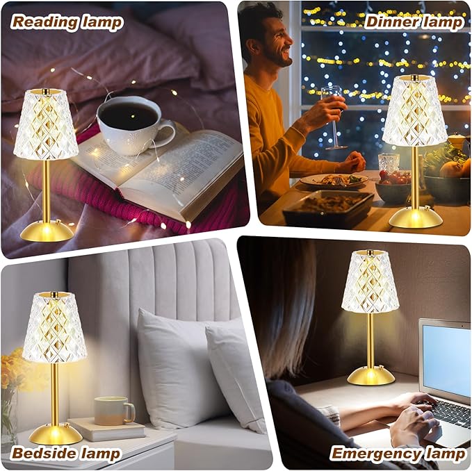 Liliful 1 Pcs Cordless Table Lamp Rechargeable Touch LED Small Gold Portable Battery Operated USB-c Desk Lamp 3 Color Dimmable for Bedroom Living Room Dining (Gold,Diamond Style)
