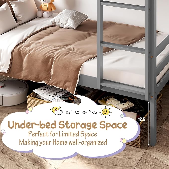 KOMFOTT Wood Bunk Bed Twin Over Twin, Bunk Bed with Ladder & Safety Guardrail, Solid Wood Bed Frame, Ideal for Dormitory & Multiple-Child Family, No Box Spring Needed, Kids Bunk Bed