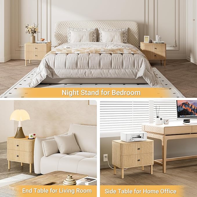Night Stand with Charging Station, 24" Large Fluted Nightstand with Rounded Corners & Solid Wood Legs, 2 Drawers End Table, Mid Century Modern Bedside Table for Bedroom, Natural Oak