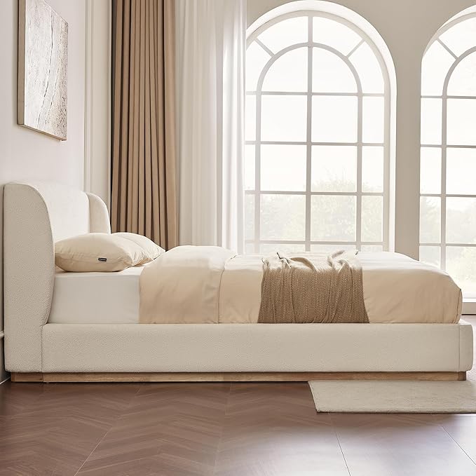 CHITA Queen Size Bed Frame, Upholstered Platform Bed with Wingback Headboard, Wooden Slats Support, Noise-Free, No Box Spring Needed, Cream