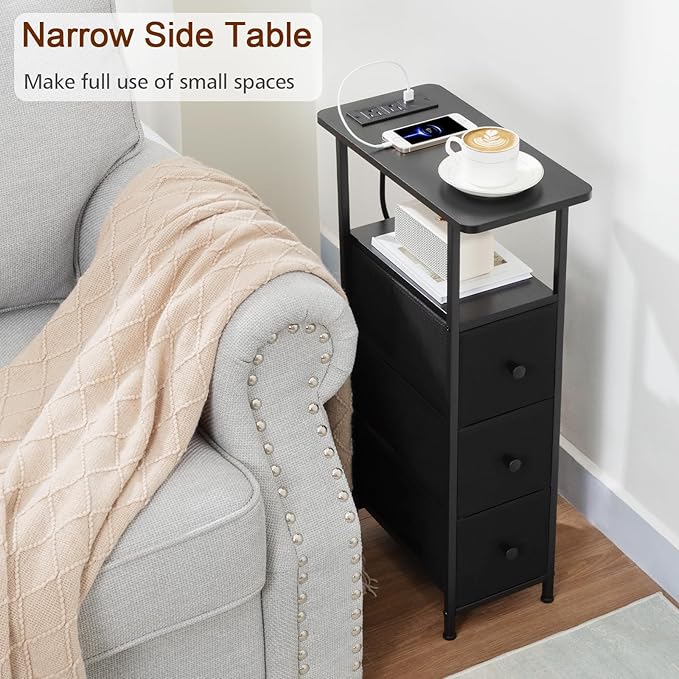 LOAKEKEL Narrow End Table Living Room with Charging Station, Skinny Side Table with Fabric Drawers, Slim Nightstand for Bedroom, Small Spaces, Couch, Black, HETNDP03BK-1