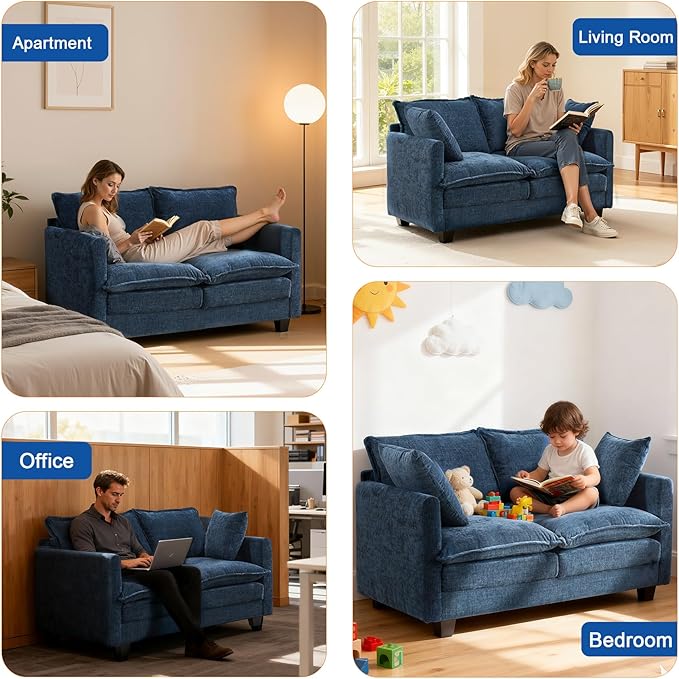 Loveseat Sofa Cloud Sofa Couch 50'', Modern Loveseats 2 Seat Couch 27" Deep Seat with 2 Pillows for Small Spaces Apartment Studio Office Bedroom Living Room 8834-BLUE