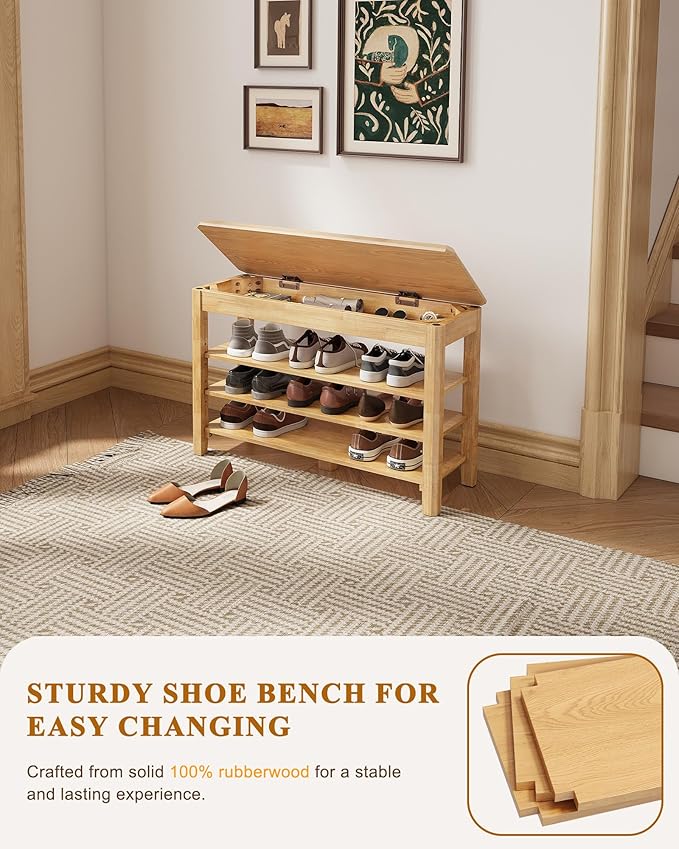 Shoe Rack Bench Seat Rubberwood 3-Tier Wooden Storage Bench 550lbs Compact Mid-Century Modern Design for Entryway, Hallway, Closet, Front Door Entrance, Foyer