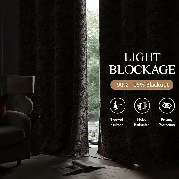 Beauoop Brown Floral Jacquard Blackout Curtains 96 Inches Long 2 Panels for Bedroom Living Room Chenille Flower Room Darkening Thermal Insulated Soundproof Grommet Window Treatments Drapes, 52x96